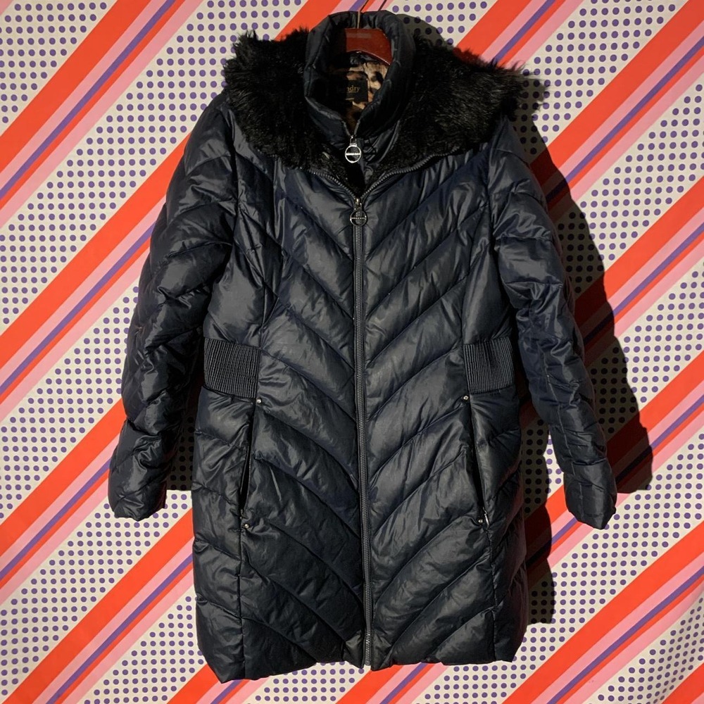 Laundry by Shelli Segal Navy Blue Quilted Puffer Coat Faux Fur Hood Womens Large